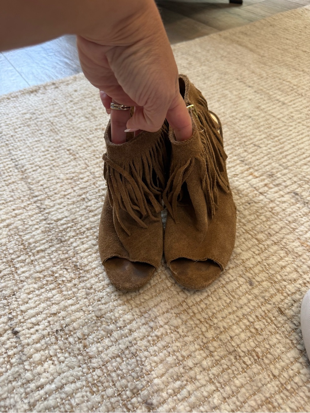 Fringe Peep-Toe Suede Ankle Boots - Brown